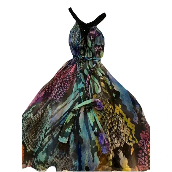 Matthew Williamson 100% Silk Print Dress Lace Up Front Belted Sleeveless 10 - Picture 1 of 12